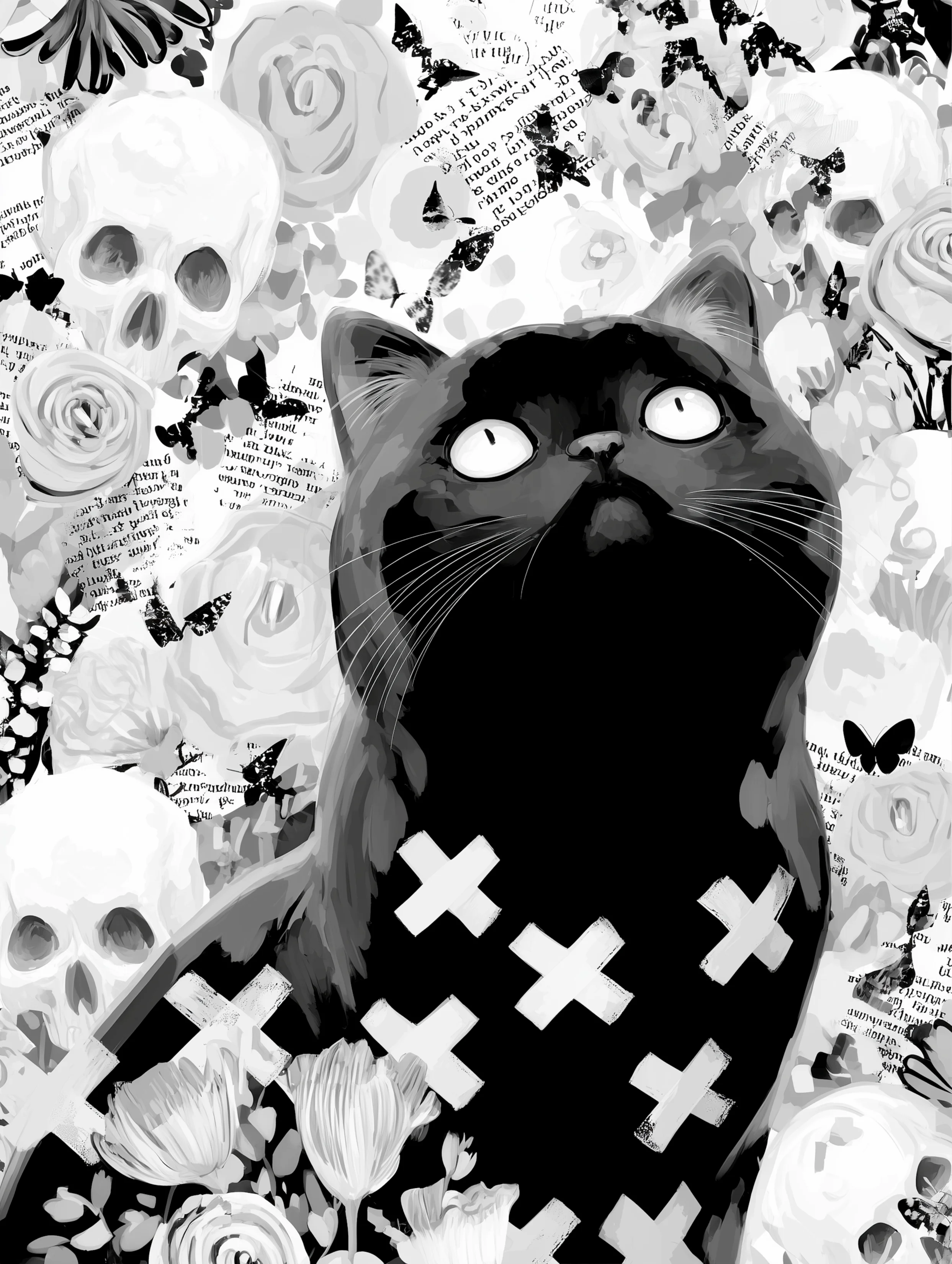 Free printable black cat coloring page for adults featuring skulls and x marks black cat